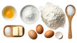 © Annda - Clean and Simple Baking Ingredients: A flat lay of clean baking ingredients like flour, sugar, and eggs, isolated on a Transparent background, PNG file.