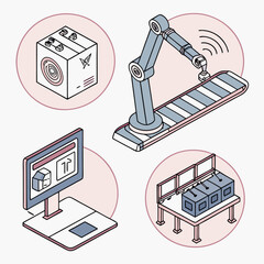 Aufkleber - Isometric view of a robot arm, conveyor belt, control panel, display, and automated system setup shown