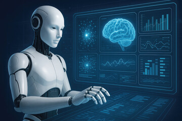 Poster - Humanoid robot interacting with futuristic holographic interface displaying brain and data