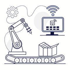 Aufkleber - Automated production line with robotic arm, conveyor belt, box, gear and computer with wifi symbol