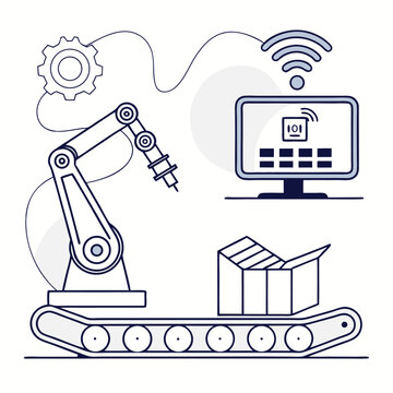 Automated production line with robotic arm, conveyor belt, box, gear and computer with wifi symbol