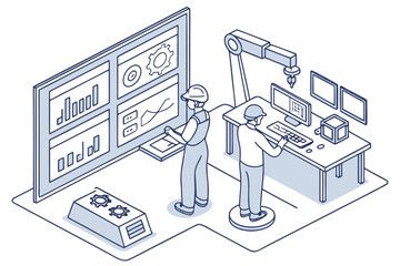 Aufkleber - Two engineers operating machinery and analyzing data on a large display screen in a factory setting