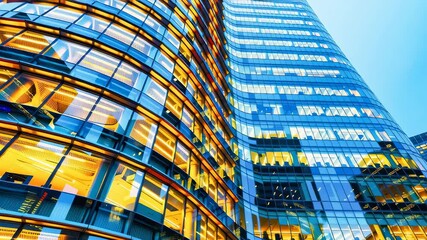 Poster - A curved glass skyscraper office building at night