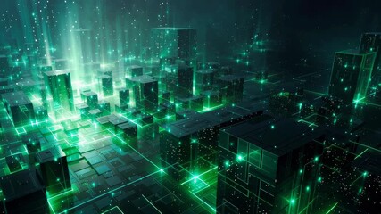 Poster - An interconnected cybernetic landscape, with luminous green cubes and glowing pathways