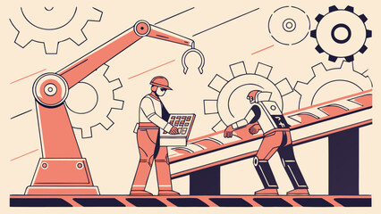 Aufkleber - Illustration of factory automation with robot arm, worker and robot on conveyor belt system