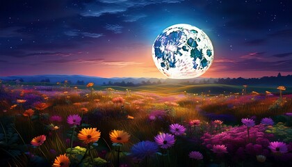 Wall Mural - a glowing full moon rises in the twilight sky over on a rustic field with flowers