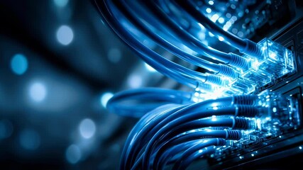 Poster - A network switch with glowing blue data cables in an internet server room