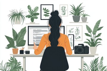 Poster - Woman Working at Desk Surrounded by Greenery in a Stylish Home Setting