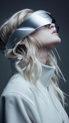 Poster - An attractive young woman wearing sleek, futuristic virtual reality glasses