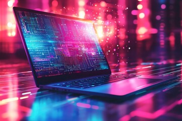 Poster - Futuristic Digital Laptop with Vibrant Coding and Data Flow