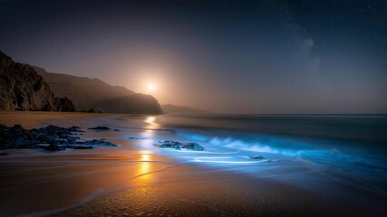 Poster - A beach covered with glowing stones and golden sand under moonlight, creating a dreamy atmosphere