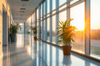 © plysuikvv - Bright corridor with plants at sunset in modern building Generative AI