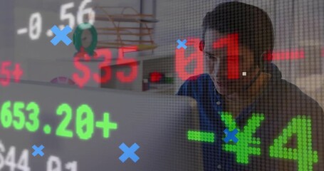 Poster - Man calling on smartphone at desk, analyzing animated charts shifting into green candlestick trend