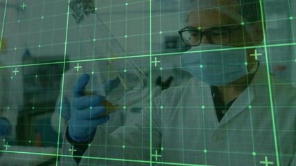 Aufkleber - Entering holding flask scientist inspecting solution color under scanning grid in chemistry lab