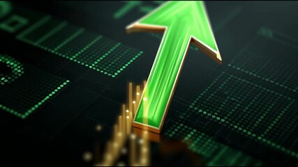 Poster - Glowing green arrow over digital chart symbolizes stock market growth and finance success. Optimistic data from technology shows positive future trend, progress, and investment opportunities