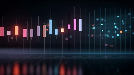 Poster - Futuristic finance technology visualized with glowing 3D candlestick graph. Dynamic stock market trading chart reflects on dark floor, analyzing financial data for investment