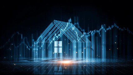 Poster - Futuristic glowing blue house wireframe showcasing smart home technology and digital real estate investment opportunities with financial data analysis for market growth