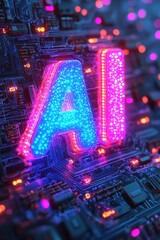 Poster - Futuristic glowing AI design on a circuit board with vibrant neon colors