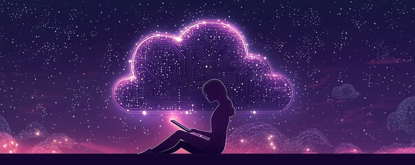Poster - Silhouette of a Person with a Cloud and Circuitry Background