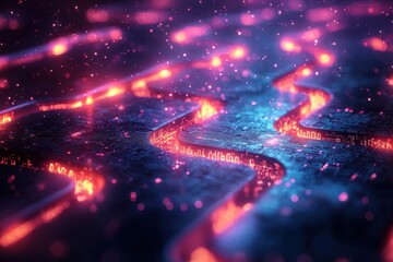 Poster - Glowing Neon Circuitry with Futuristic Digital Path in Abstract Style