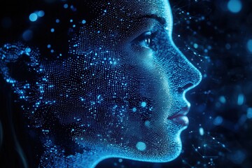 Poster - Abstract digital portrayal of a human profile with glowing blue dots