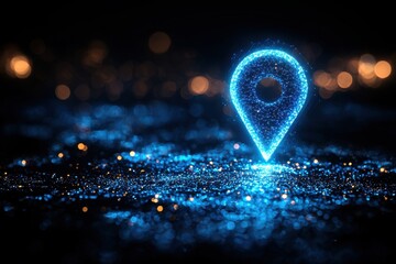 Poster - Glowing blue digital location marker with sparkling lights and bokeh effect