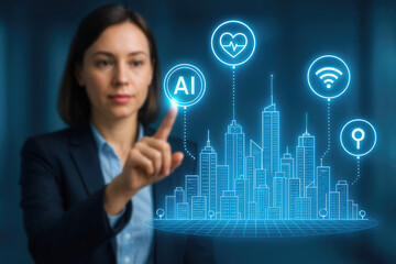 Poster - Woman interacts with holographic smart city interface displaying health wifi and AI icons