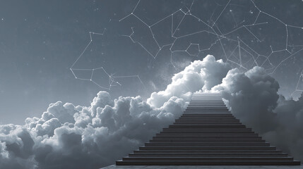 Poster - A staircase going up to clouds with constellations around