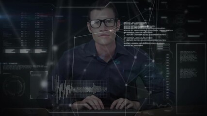 Poster - Man pressing keys, typing as holographic network lines and data panels intensifying for analytics