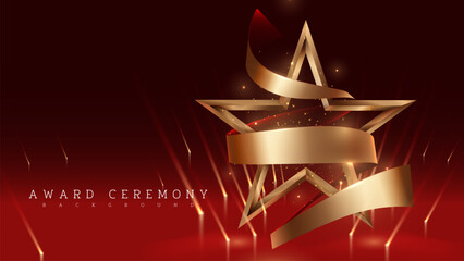 Wall Mural - Elegant 3D gold star display stand with sparkling decoration and bright red spotlights. Ideal for award ceremony background, celebrations and recognition events. Vector illustration.