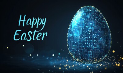 Poster - Futuristic Easter egg with digital circuit board glowing in vivid blue light