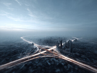 Poster - Abstract cityscape with glowing network lines and flowing traffic. Represents connectivity, innovation, and the digital age. Perfect for tech, finance, and urban concepts.