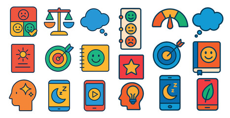 Poster - Collection of icons that represent different moods and emotions. The icons include a smiling face, a sad face, a happy face, a star, a book, a phone, a tablet, a clock, a ruler, a calculator
