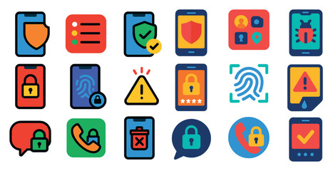 Poster - Collection of icons for various security features on a phone. The icons include a phone, a key, a padlock, a check mark, and a red X