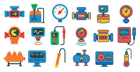 Poster - Collection of blue and orange icons that represent various types of equipment and tools. Scene is one of technicality and precision, with each icon representing a specific function or purpose