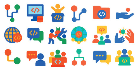 Poster - Collection of icons that represent various aspects of technology and communication. The icons include a globe, a laptop, a person with a laptop, a person with a mouse, a person with a keyboard