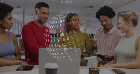 Poster - Man in red opening laptop, pointing to screen while business team analyzing data with binary sphere
