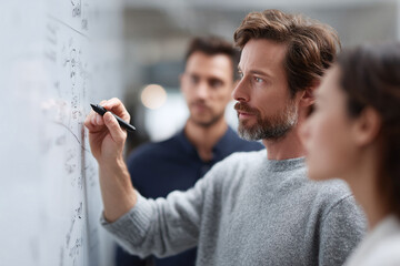 Poster - Team collaboratively brainstorming ideas on a whiteboard. Depicts strategy, innovation, problemsolving, and teamwork in a bright, modern office setting.