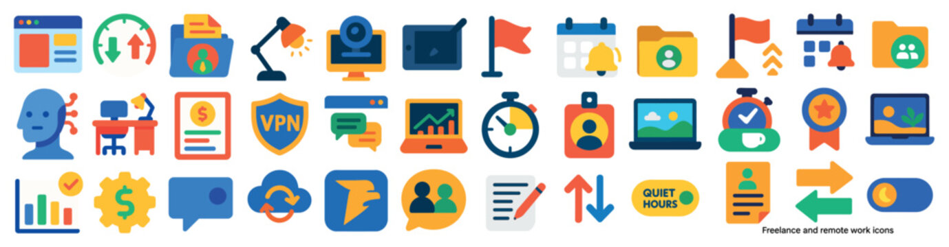 Collection of icons and symbols that represent various aspects of technology and productivity. The icons include a computer, a keyboard, a mouse, a laptop, a cell phone, a calendar, a clock