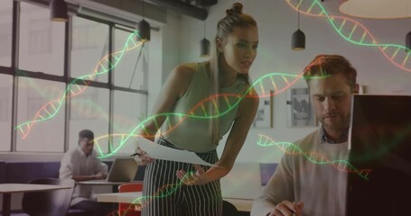 Poster - Female coworker entering front desk holding charts and presenting findings under animated DNA helix
