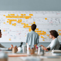 Poster - Team brainstorming ideas on a whiteboard covered with notes, planning and strategizing. Perfect for illustrating collaboration, project management, and innovation.