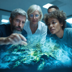 Poster - Diverse group analyzing a holographic Earth projection. Represents global strategy, technology, collaboration, and future planning. Ideal for business, science, or innovation concepts.
