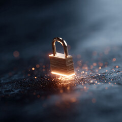 Poster - Golden padlock with glowing particles on a dark surface. Represents security, protection, and data safety. Ideal for cybersecurity, finance, and technology themes.