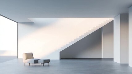 Poster - Modern Minimalist Interior with Gray Chair in Bright Open Space and Angular White Walls and Stairs 4k video footage