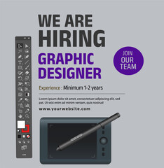 Wall Mural - job vacancy poster vector illustration with tool bar. hiring creative people. graphic designer wanted
