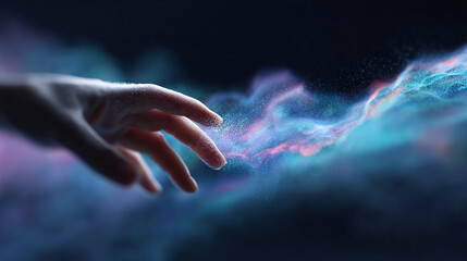 Poster - A hand reaching out to a glowing, colorful particle cloud. Evokes themes of connection, technology, creation, and wonder. Ideal for science, innovation, or abstract concepts.