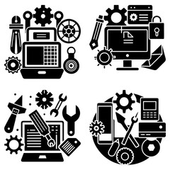 Poster - illustrations of technology repair featuring laptops, computers, and mobile devices with tools and g