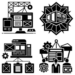 Poster - Illustrations depicting website design, architecture, and team collaboration in black and white style