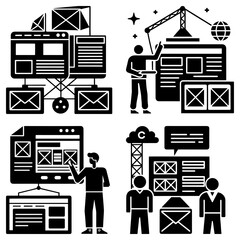 Poster - Illustrations showing web development process with wireframes and team collaboration concept art design