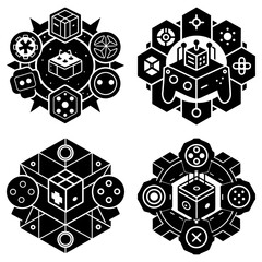 Poster - Four geometric designs featuring cubes and circles in a symmetrical black and white arrangement